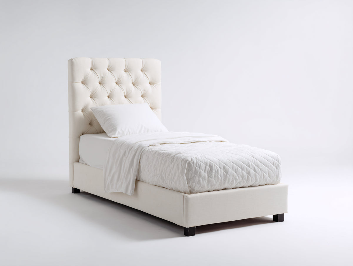 Cama individual tapizada 210x100x115 cm - Blanco crema - Cabecero capitoné y diseño moderno
