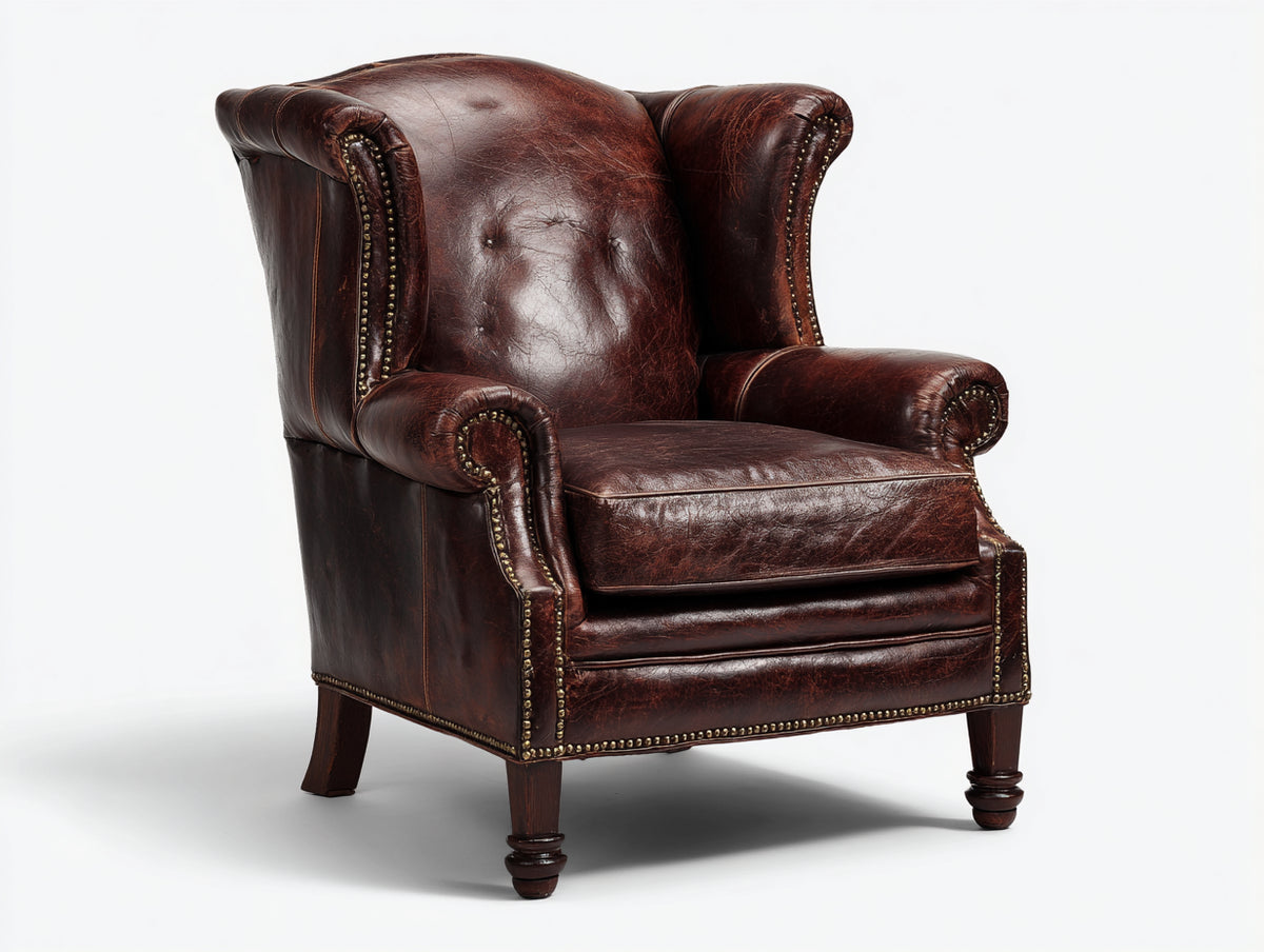 Sillón orejero tapizado en cuero 90 x 85 x 105 cm - marrón oscuro - estilo clásico con capitoné y tachuelas