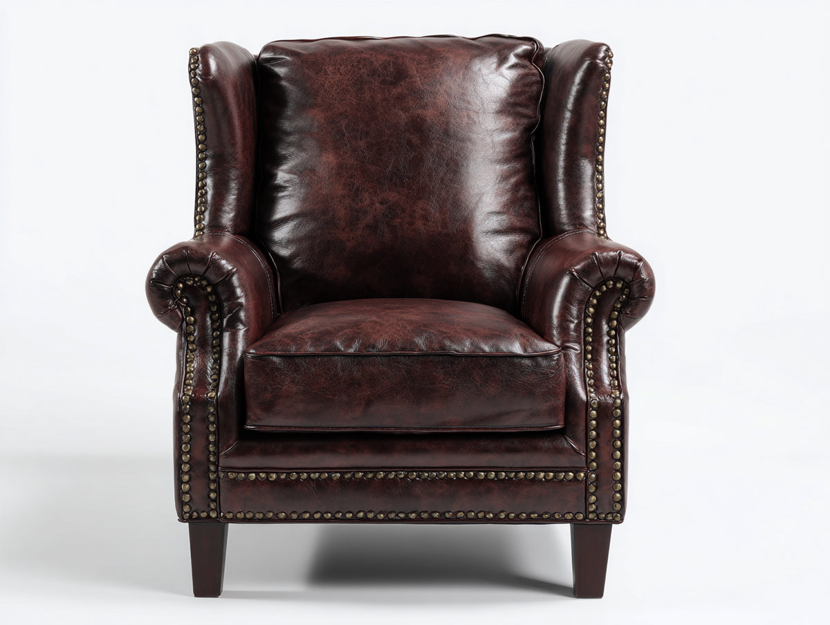 Sillón orejero tapizado efecto cuero 88x86x104 cm - Marrón oscuro - Diseño clásico con tachuelas