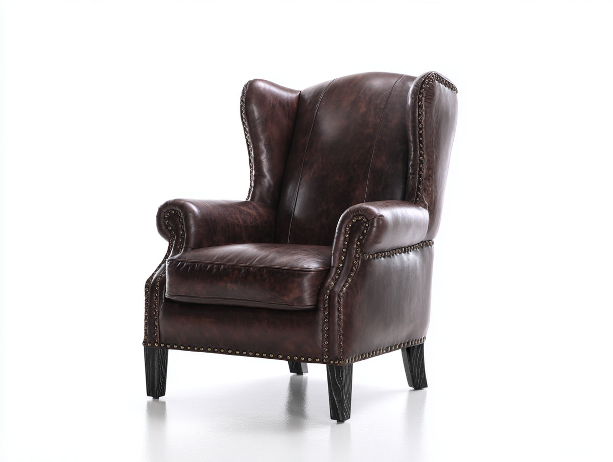 Sillón orejero tapizado efecto cuero 82x88x108 cm - Marrón oscuro - Respaldo alto con tachuelas clásicas