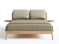 Cama doble 220 x 190 x 110 cm - madera natural y beige - cabecero tapizado dividido con mesillas laterales integradas - diseño moderno para dormitorio