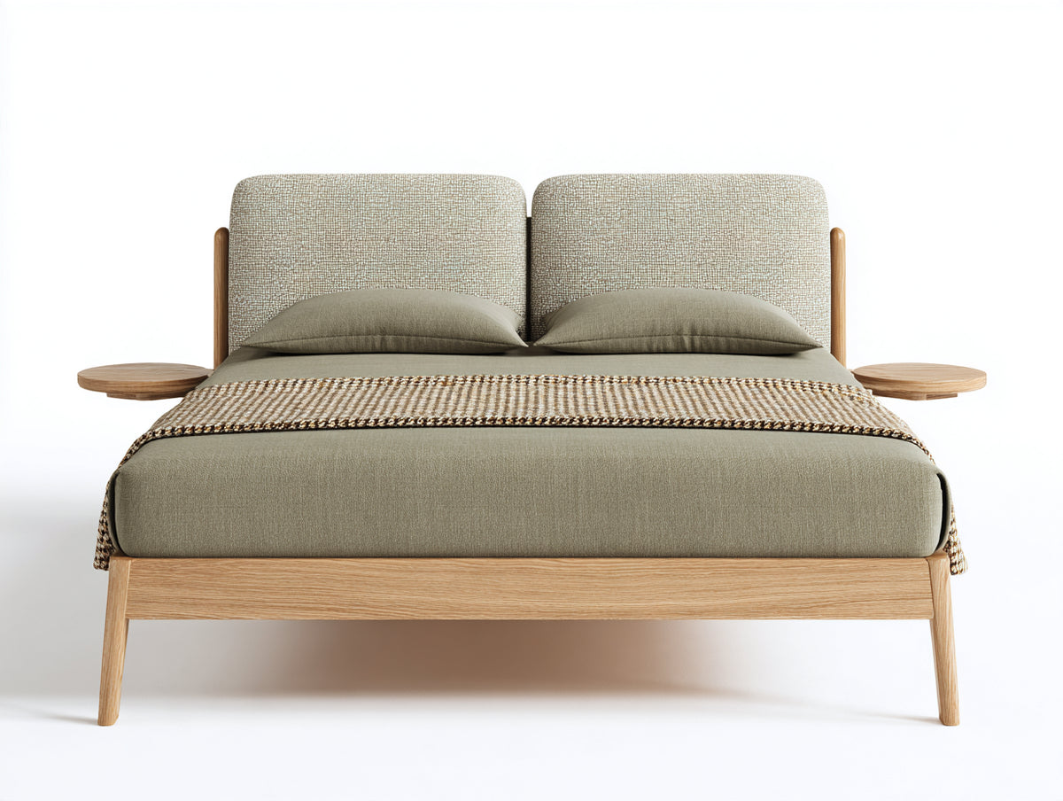 Cama doble 220 x 190 x 110 cm - madera natural y beige - cabecero tapizado dividido con mesillas laterales integradas - diseño moderno para dormitorio
