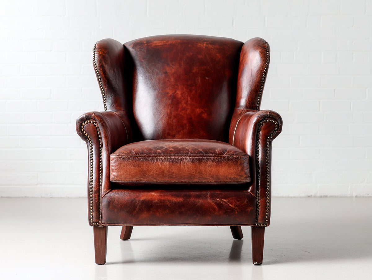 Sillón orejero tapizado efecto cuero marrón 84 x 88 x 104 cm - respaldo alto envolvente - estilo clásico