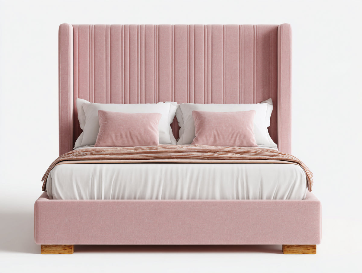 Cama doble tapizada 205 x 168 x 145 cm - rosa - cabecero alto acanalado con laterales envolventes y patas de madera