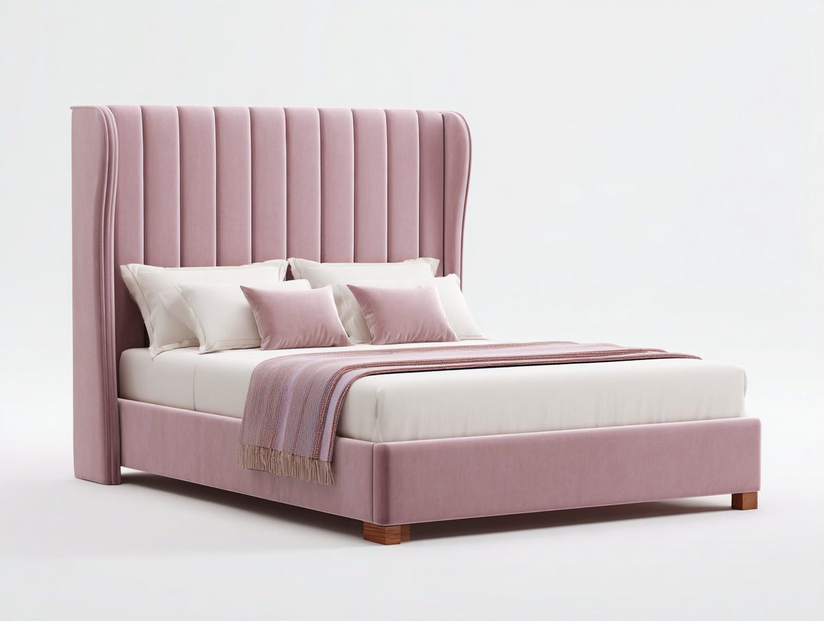 Cama doble tapizada 215 x 180 x 150 cm - rosa y madera - cabecero alto acanalado con laterales envolventes - diseño moderno para dormitorio