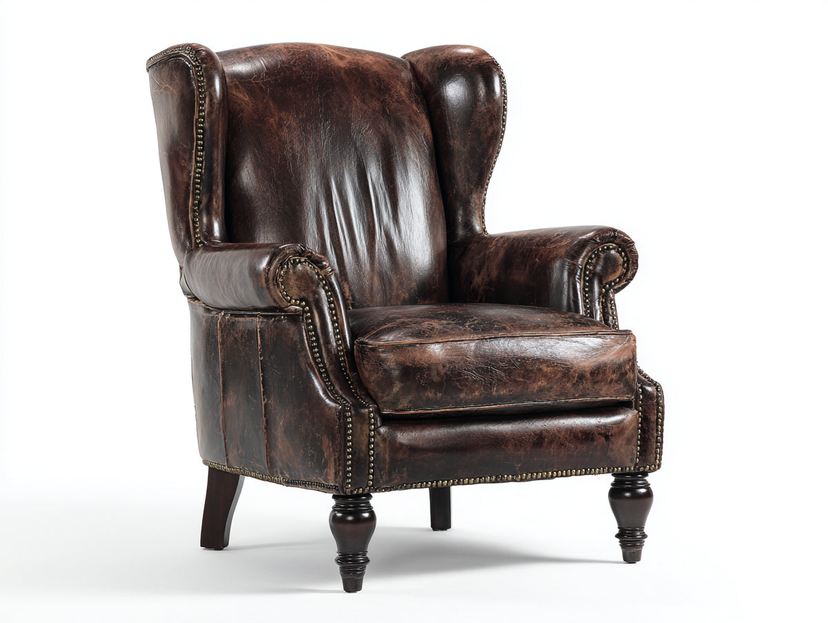 Sillón orejero 89 x 86 x 111 cm - marrón oscuro y madera - tapizado efecto piel con respaldo alto y tachuelas decorativas - diseño clásico para salón