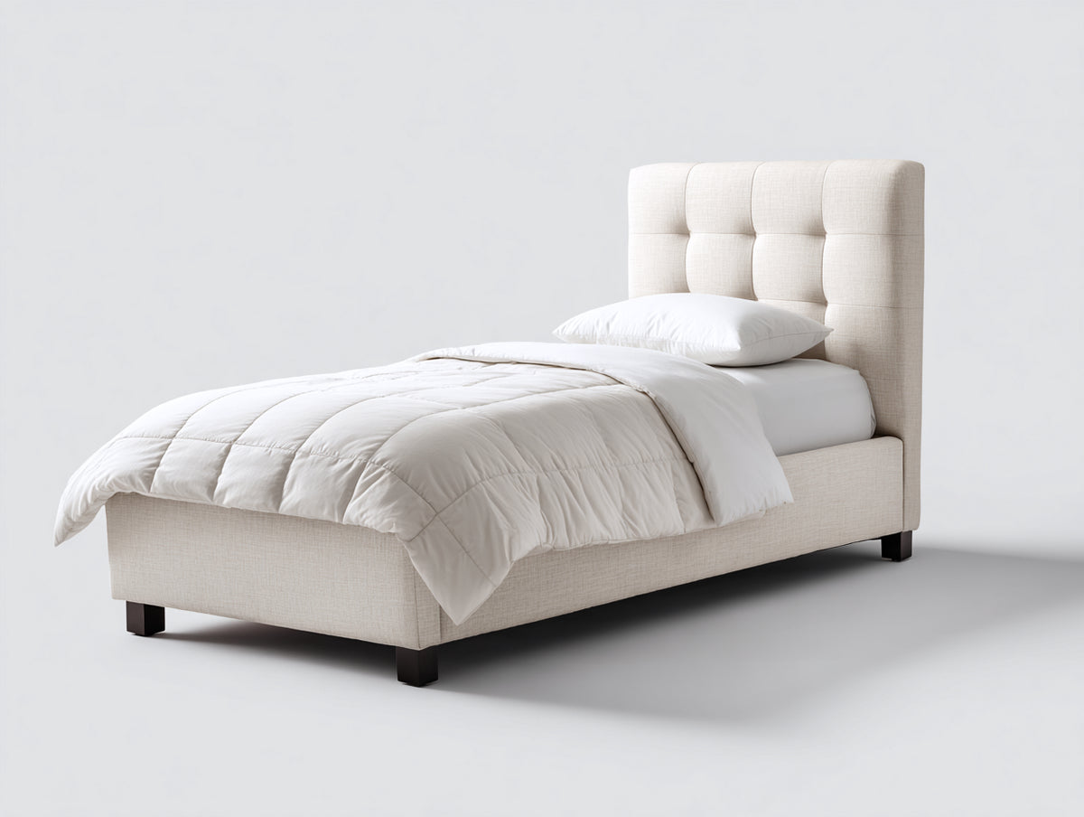 Cama individual tapizada 205 x 100 x 110 cm - beige claro - cabecero acolchado con diseño geométrico y patas oscuras
