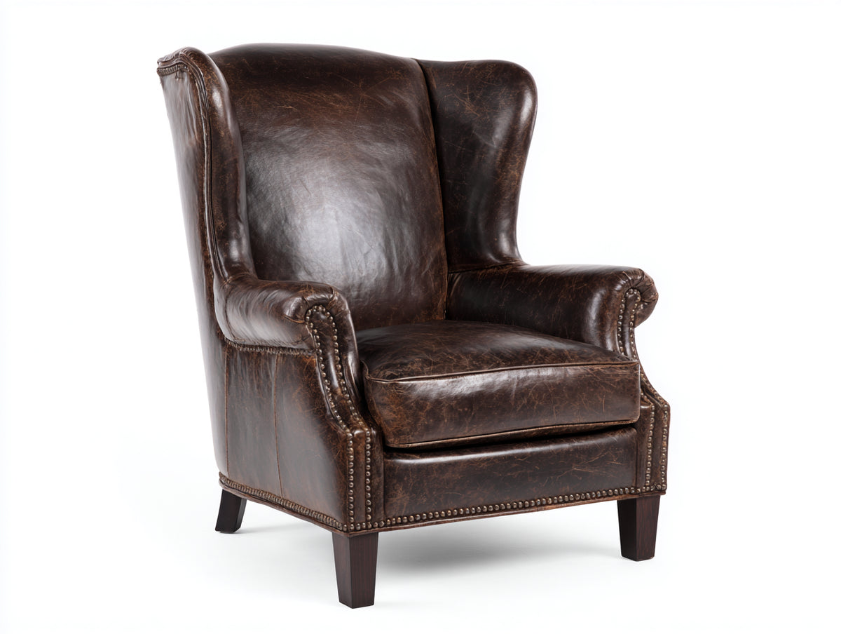 Sillón orejero tapizado efecto cuero 82 x 88 x 105 cm - marrón oscuro - respaldo alto con tachuelas estilo clásico