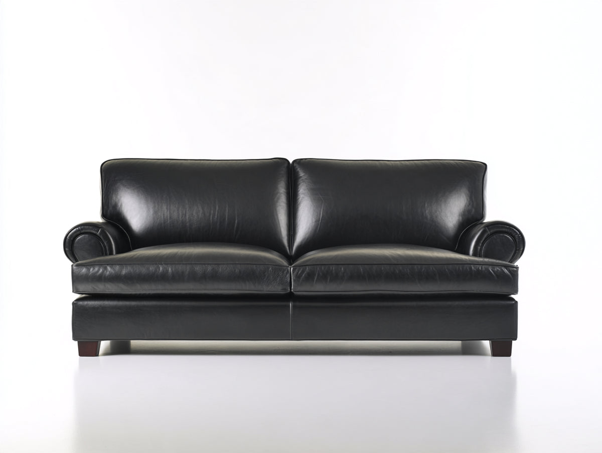 Sofá de 2 plazas 178 x 90 x 86 cm - negro y madera - tapizado efecto piel con reposabrazos redondeados - diseño clásico para salón