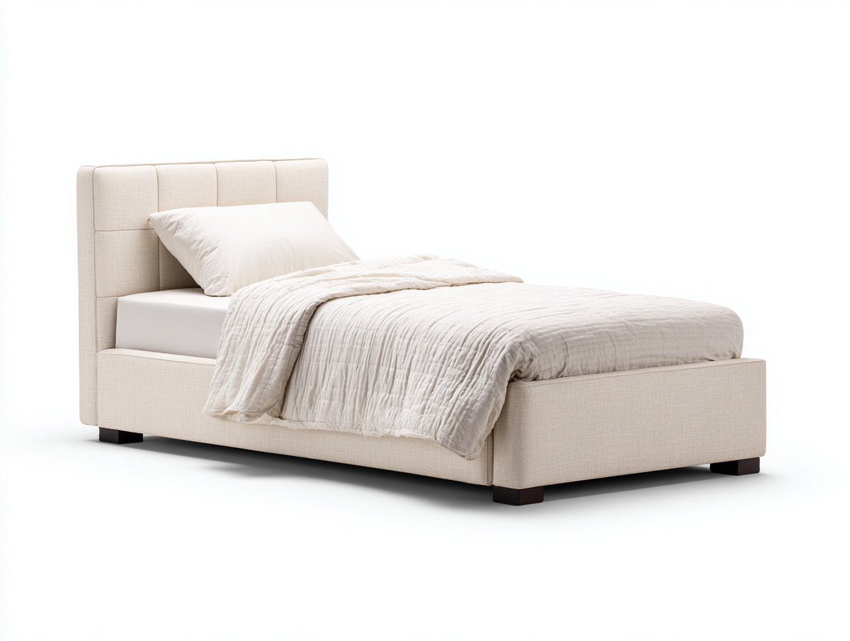 Cama individual tapizada de tejido 210x100x110 cm - Crema y marrón oscuro - Diseño moderno con cabecero acolchado