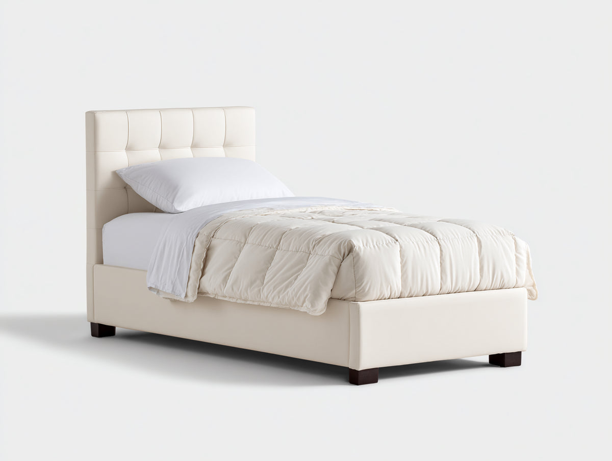 Cama individual tapizada en polipiel 210 x 100 x 110 cm - crema - dormitorio - cabecero acolchado de diseño moderno