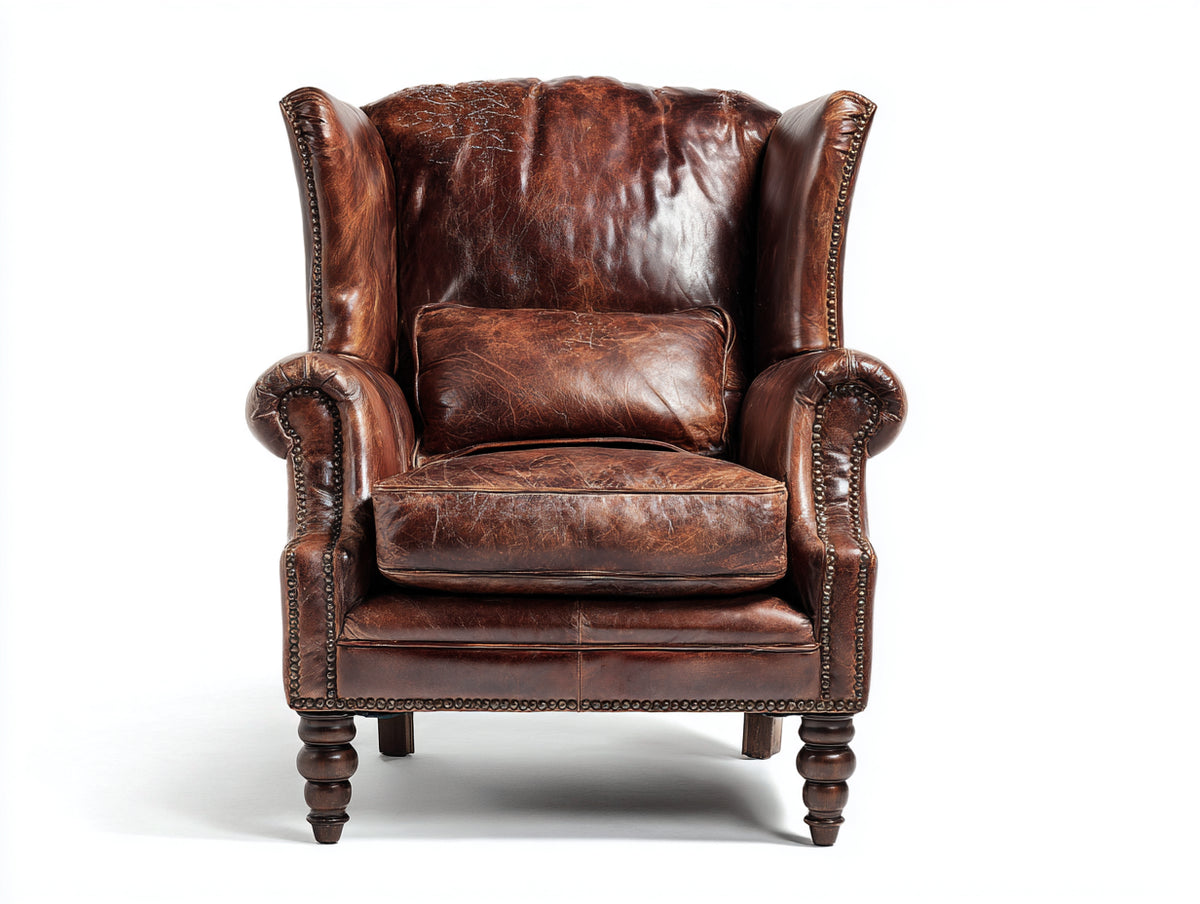 Sillón orejero tapizado efecto cuero 86 x 92 x 110 cm - marrón oscuro - respaldo alto con tachuelas estilo clásico