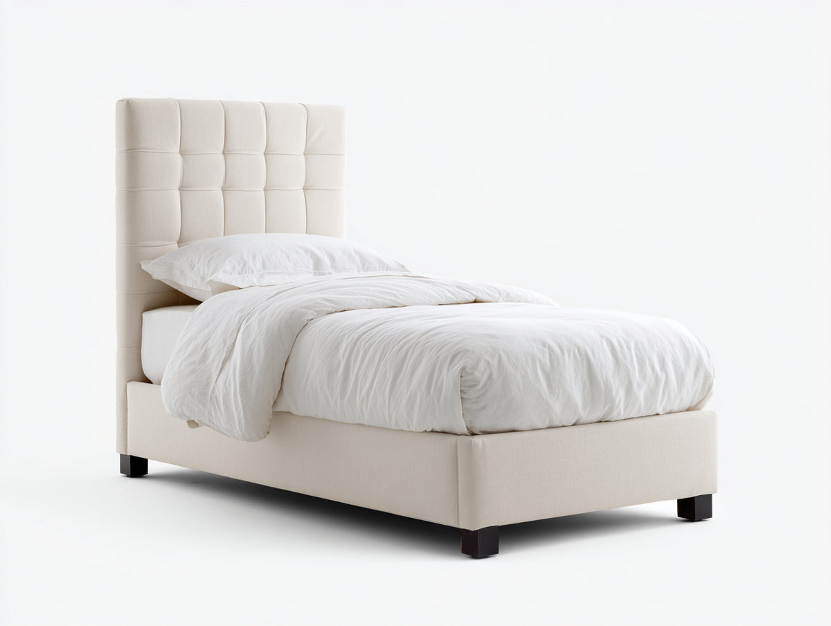 Cama individual tapizada 205 x 105 x 125 cm - beige claro - cabecero alto acolchado con paneles geométricos - diseño moderno para dormitorio