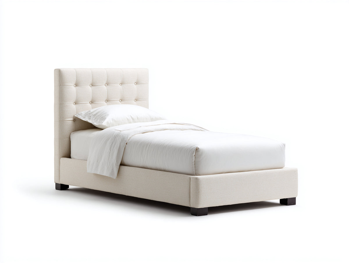 Cama individual tapizada 205 x 100 x 115 cm - beige claro - cabecero capitoné y diseño clásico moderno