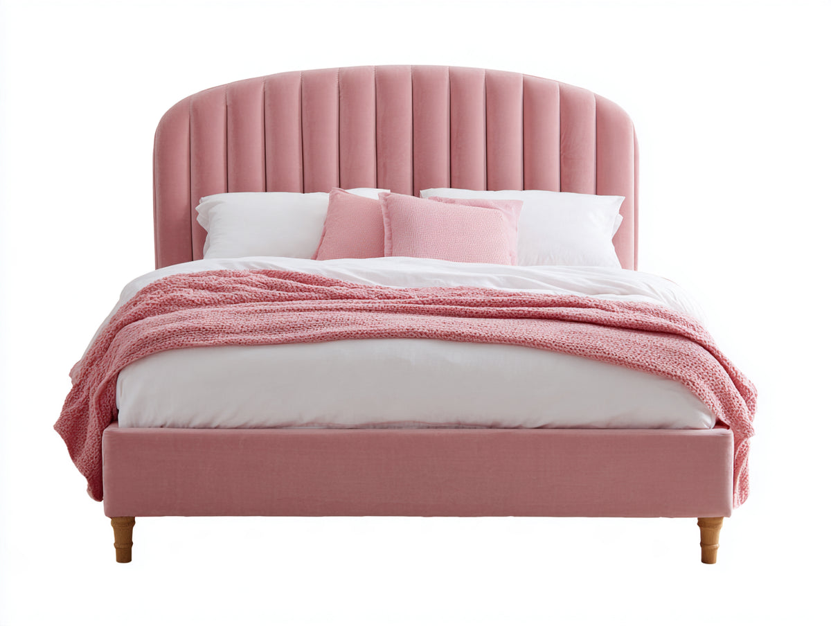 Cama doble tapizada de terciopelo 210x160x120 cm - Rosa y madera natural - Diseño moderno con cabecero curvo acanalado