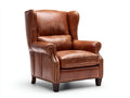 Sillón orejero 90 x 87 x 112 cm - marrón claro y madera - tapizado efecto piel con respaldo alto y tachuelas decorativas - diseño clásico para salón