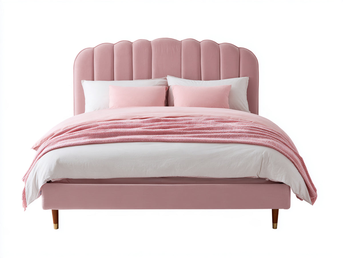 Cama doble tapizada en terciopelo 210 x 160 x 120 cm - rosa claro - dormitorio - cabecero acolchado de diseño ondulado