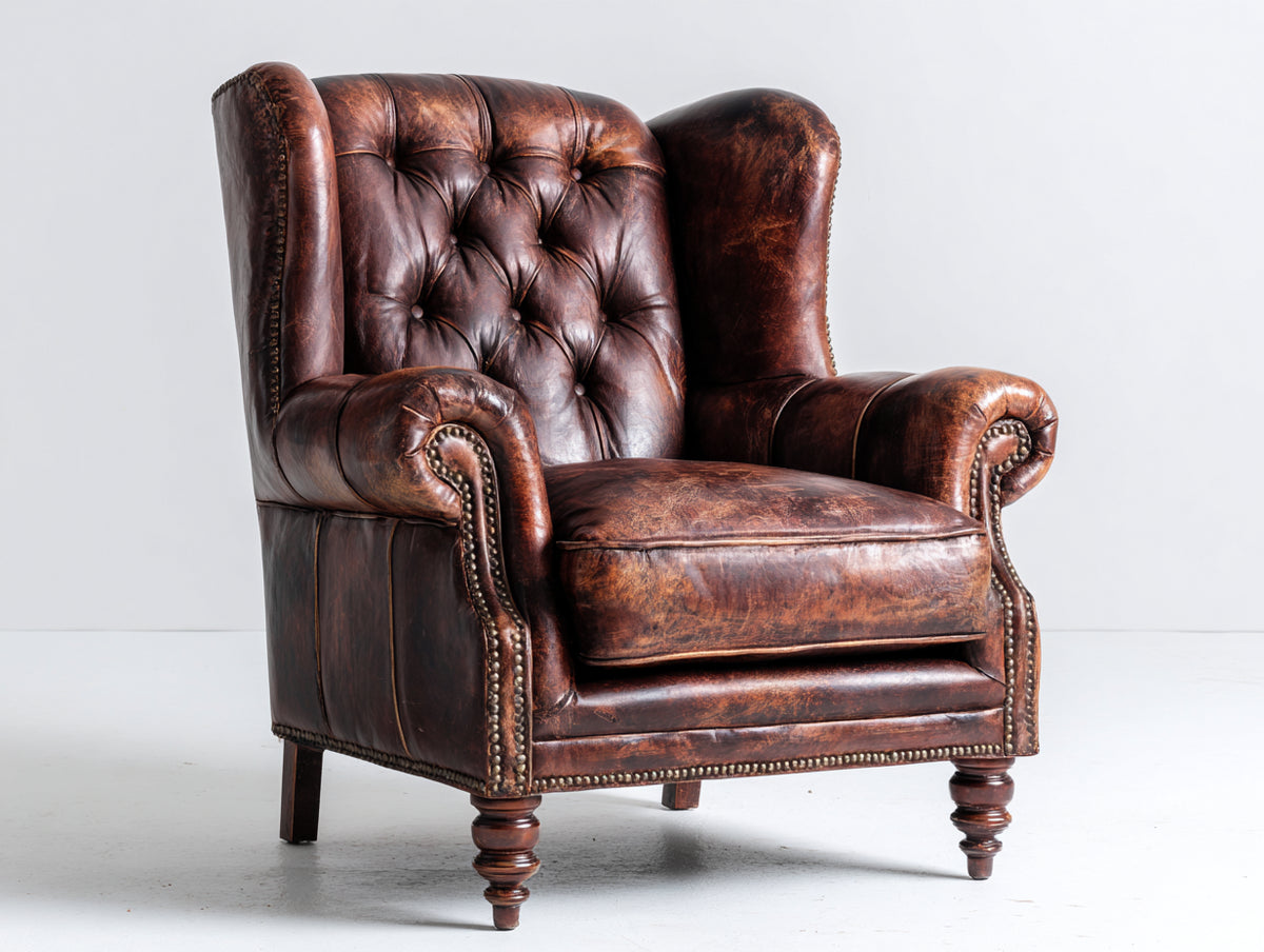 Sillón orejero tapizado efecto cuero marrón 86 x 90 x 105 cm - respaldo capitoné - estilo clásico