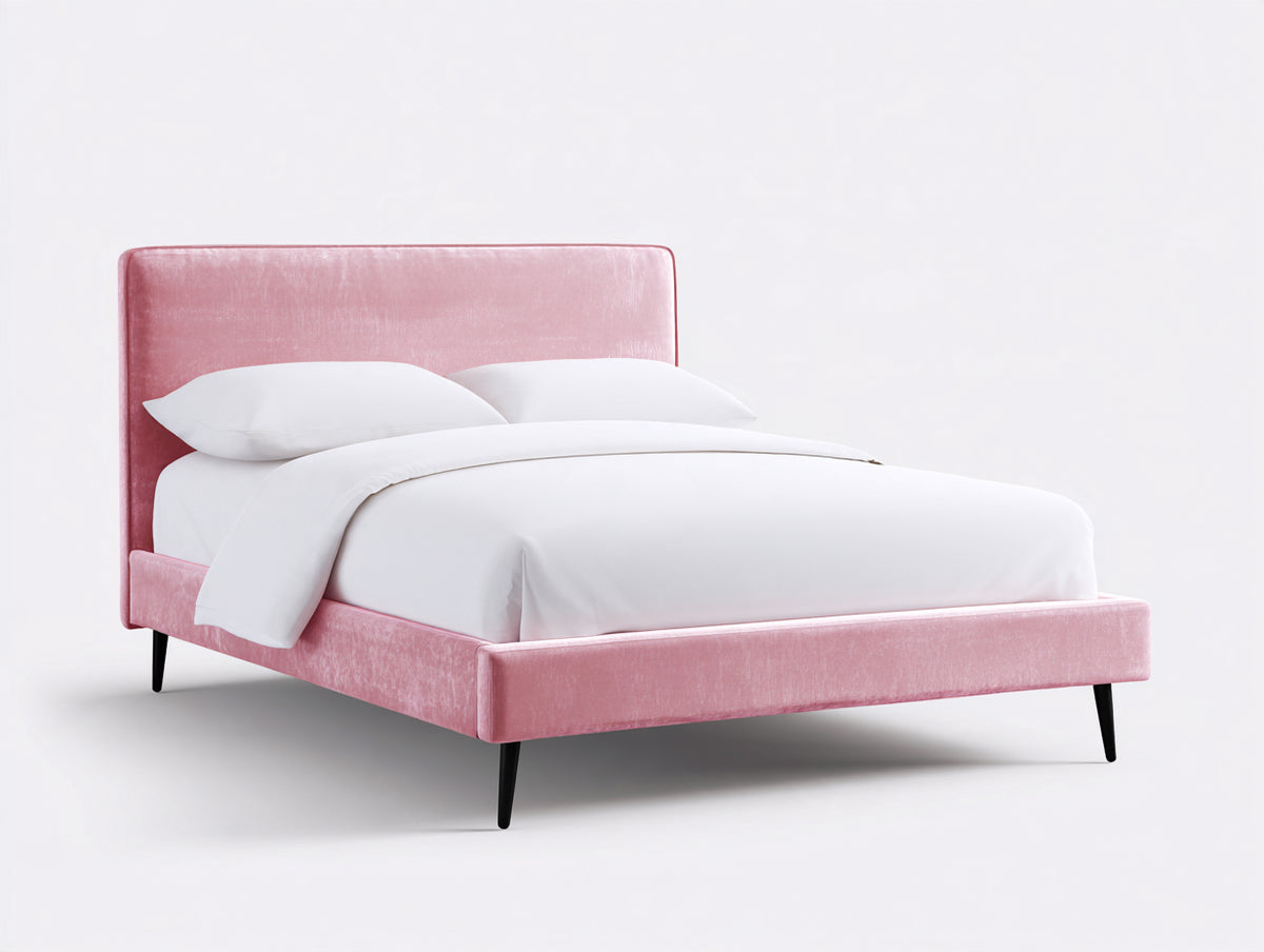 Cama doble tapizada 205 x 168 x 110 cm - rosa - cabecero acolchado y patas negras con diseño moderno