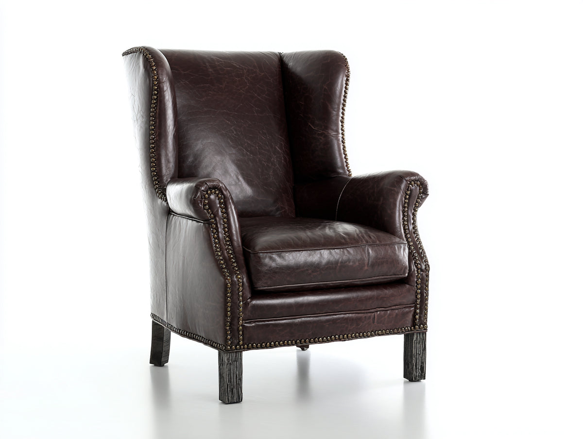 Sillón orejero tapizado efecto cuero 84 x 90 x 108 cm - marrón oscuro - respaldo alto con tachuelas estilo clásico