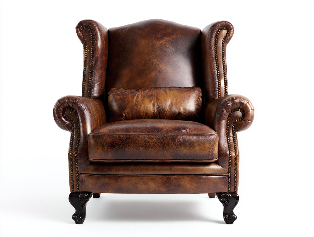 Sillón orejero tapizado en cuero 92 x 88 x 112 cm - marrón - estilo clásico con tachuelas decorativas