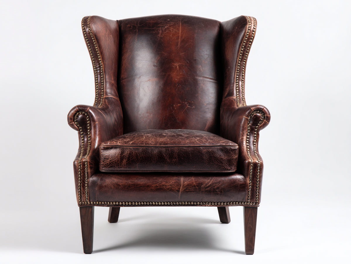 Sillón orejero tapizado en cuero 88 x 84 x 110 cm - marrón oscuro - estilo clásico con tachuelas decorativas