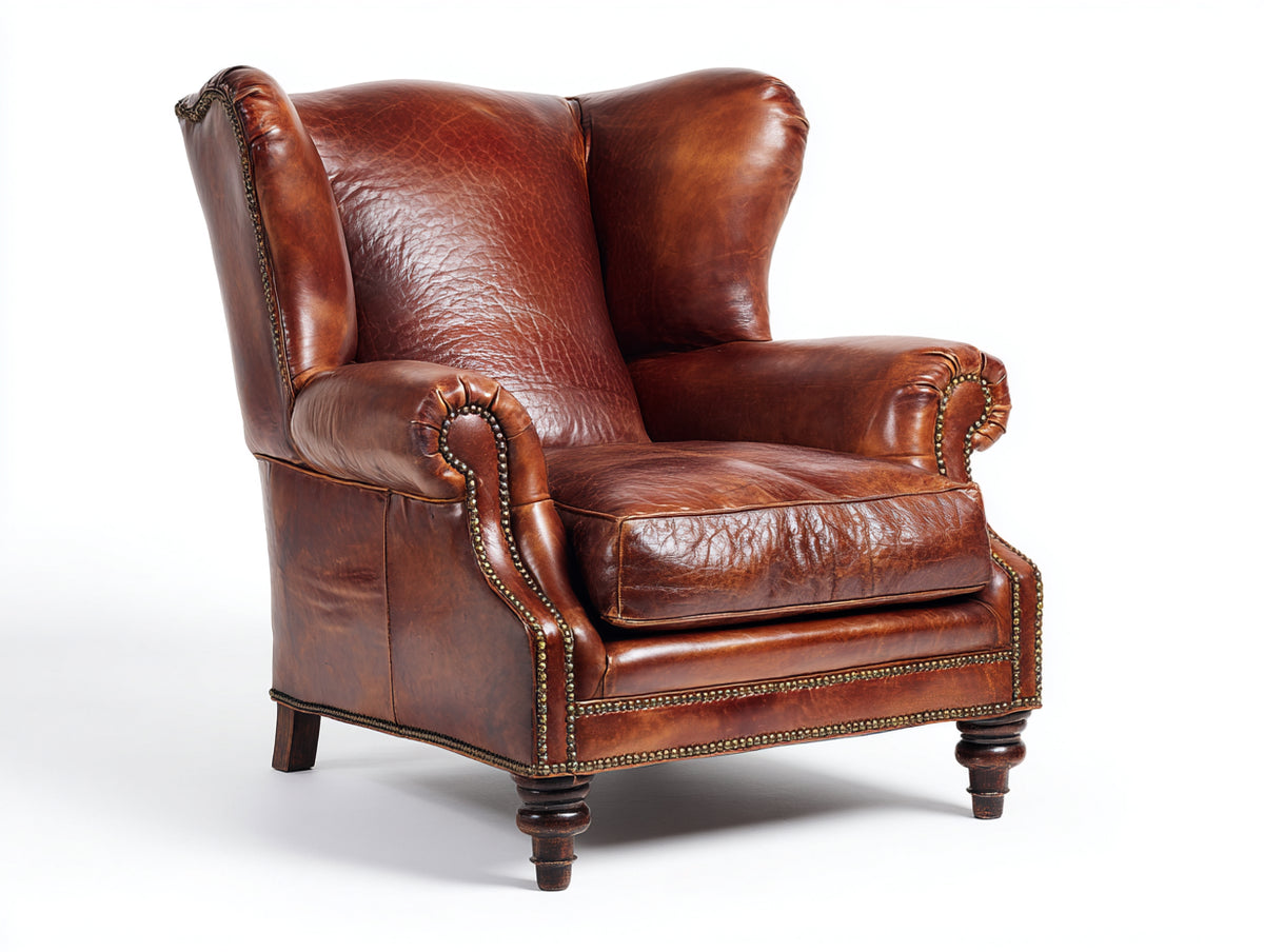 Sillón orejero tapizado efecto cuero 86x92x110 cm - Marrón coñac - Diseño clásico con tachuelas y patas torneadas