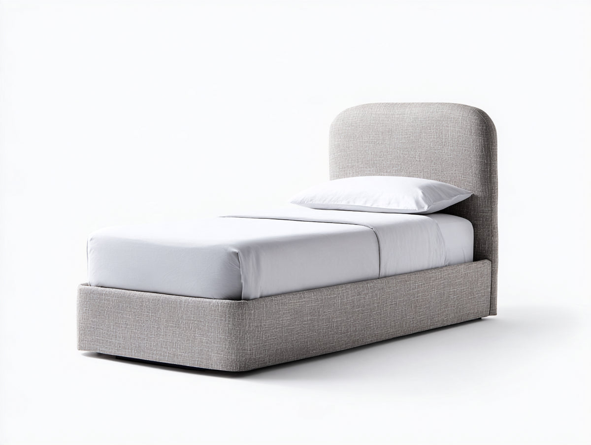 Cama individual tapizada en tejido 210 x 105 x 110 cm - gris claro - diseño moderno con cabecero acolchado